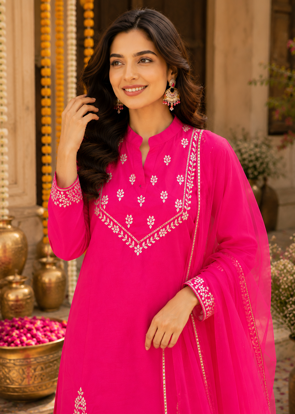 Gulnaar Rani Pink Embroidered Festive Kurta Palazzo Set with Dupatta