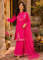 Gulnaar Rani Pink Embroidered Festive Kurta Palazzo Set with Dupatta