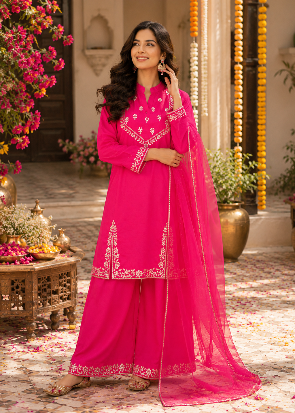Gulnaar Rani Pink Embroidered Festive Kurta Palazzo Set with Dupatta