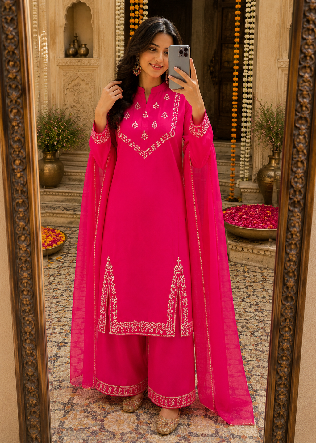 Gulnaar Rani Pink Embroidered Festive Kurta Palazzo Set with Dupatta