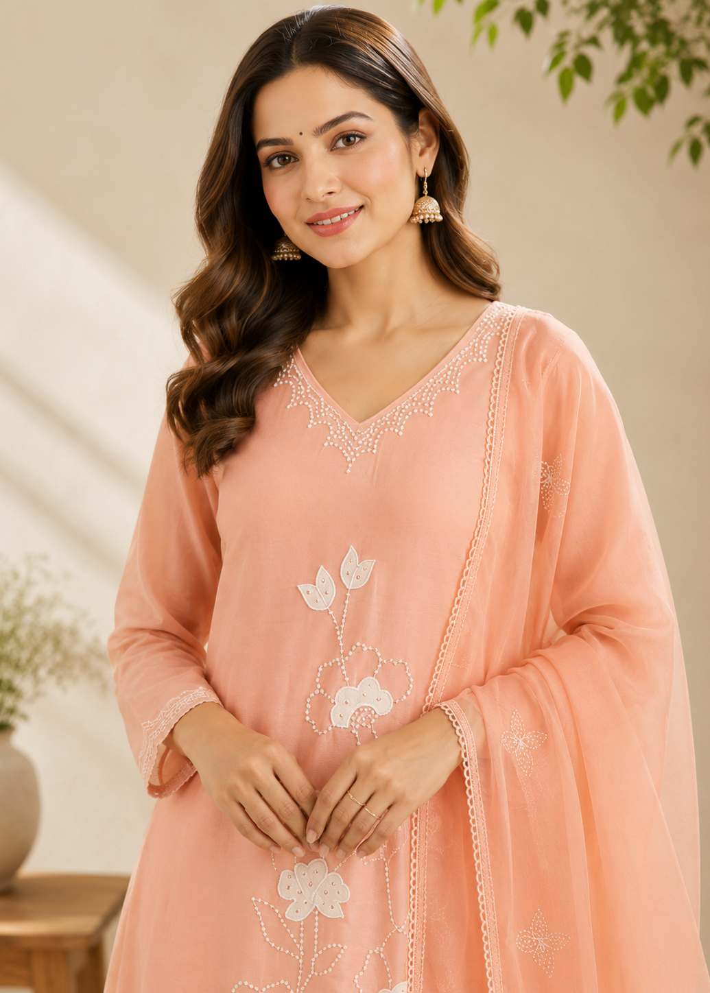 Woman wearing a peach-colored embroidered dress with a neutral background