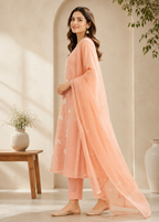 Peach Mul Chanderi A-Line Suit Set with Handwork & Appliqué Dupatta