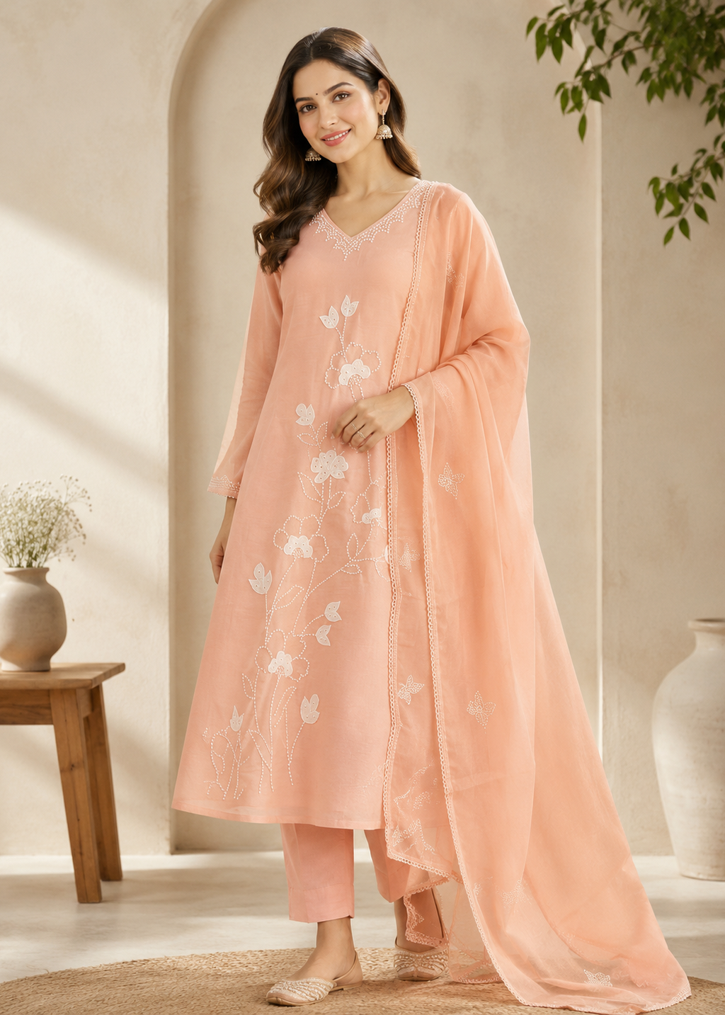 Peach Mul Chanderi A-Line Suit Set with Handwork & Appliqué Dupatta