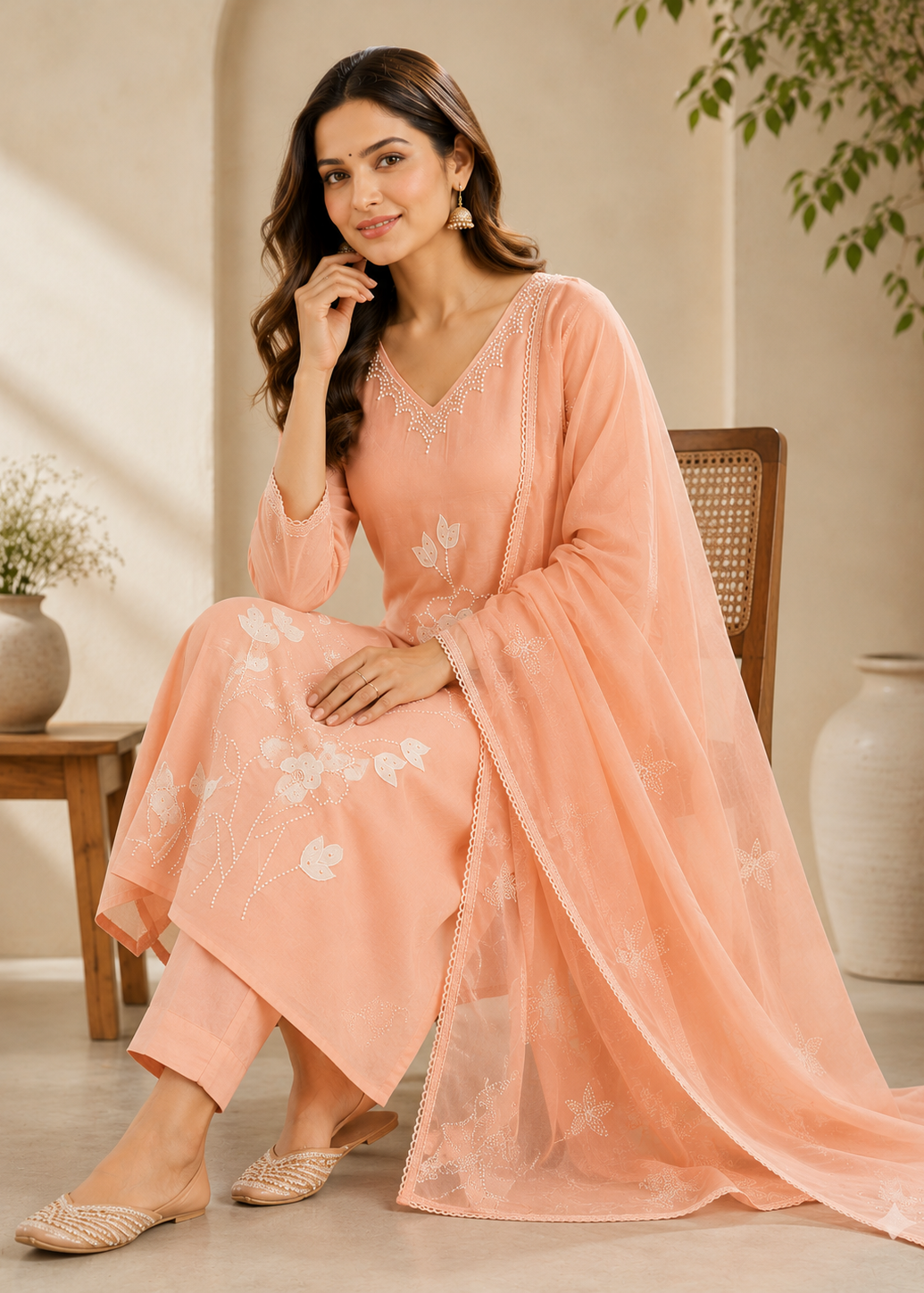 Woman in a peach traditional outfit sitting indoors with decor elements.