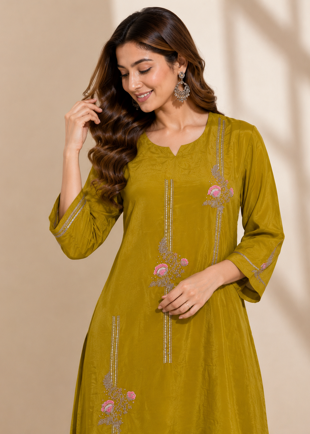 Mustard Chinon Chiffon Embroidered Kurta Palazzo Set