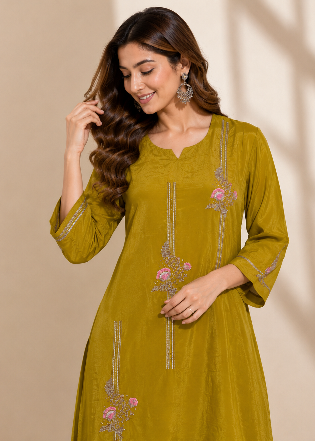 Mustard Chinon Chiffon Embroidered Kurta Palazzo Set