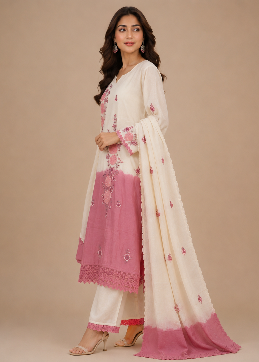 Ivory Pink Ombre Embroidered Kurta Set with Dupatta