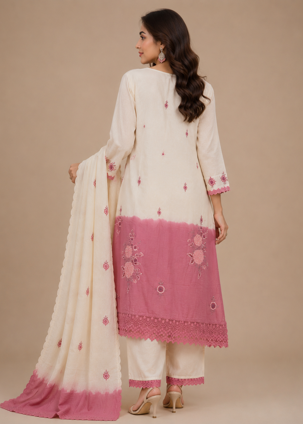 Ivory Pink Ombre Embroidered Kurta Set with Dupatta