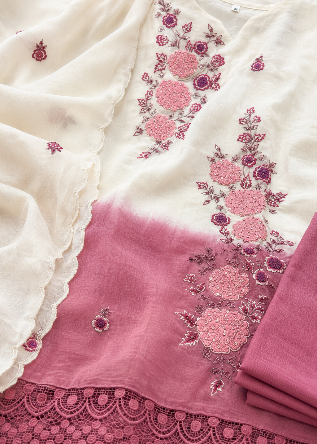 Ivory Pink Ombre Embroidered Kurta Set with Dupatta