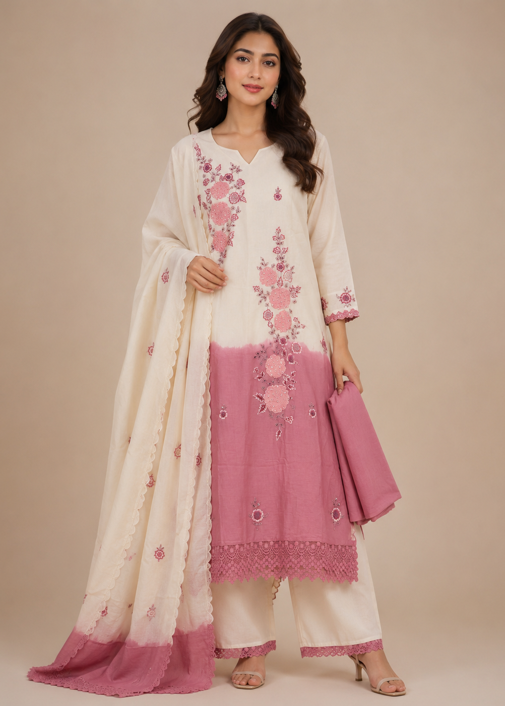Ivory Pink Ombre Embroidered Kurta Set with Dupatta