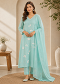 Mint Green Mul Chanderi A-Line Suit Set with Heavy Handwork & Appliqué Dupatta