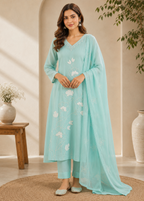 Mint Green Mul Chanderi A-Line Suit Set with Heavy Handwork & Appliqué Dupatta