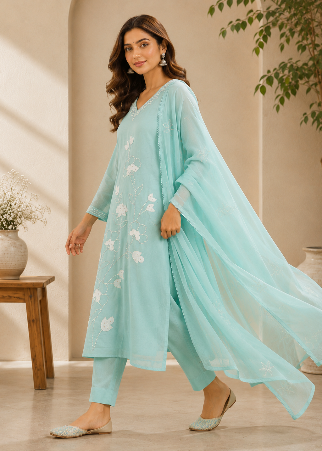 Mint Green Mul Chanderi A-Line Suit Set with Heavy Handwork & Appliqué Dupatta