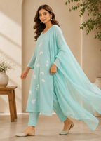 Mint Green Mul Chanderi A-Line Suit Set with Heavy Handwork & Appliqué Dupatta