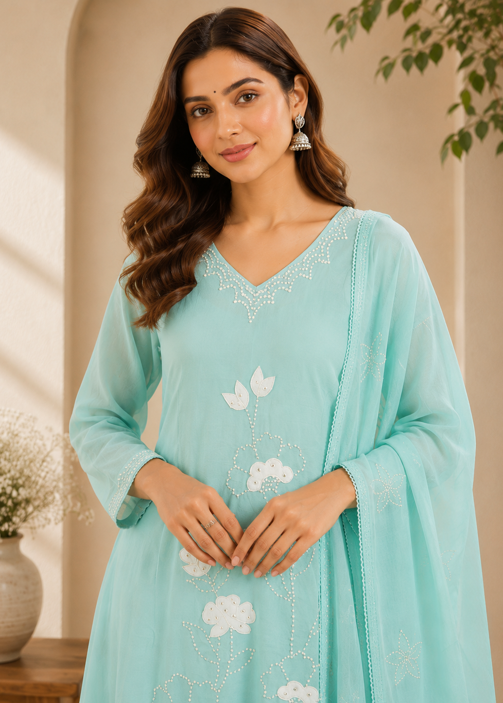 Mint Green Mul Chanderi A-Line Suit Set with Heavy Handwork & Appliqué Dupatta