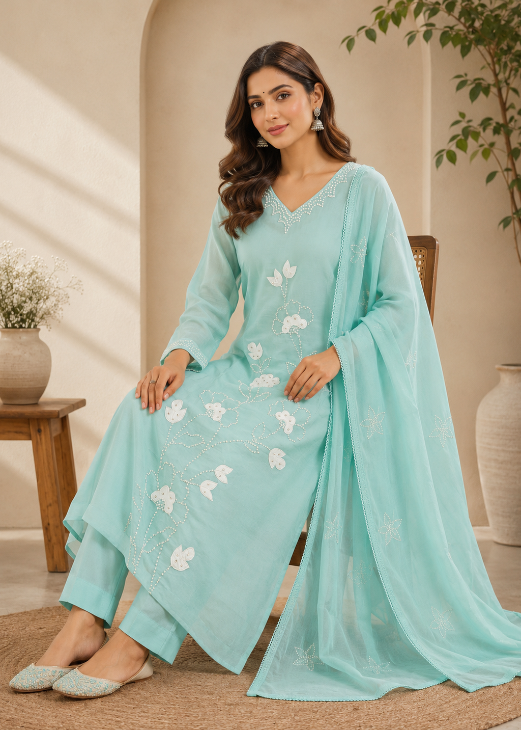Mint Green Mul Chanderi A-Line Suit Set with Heavy Handwork & Appliqué Dupatta