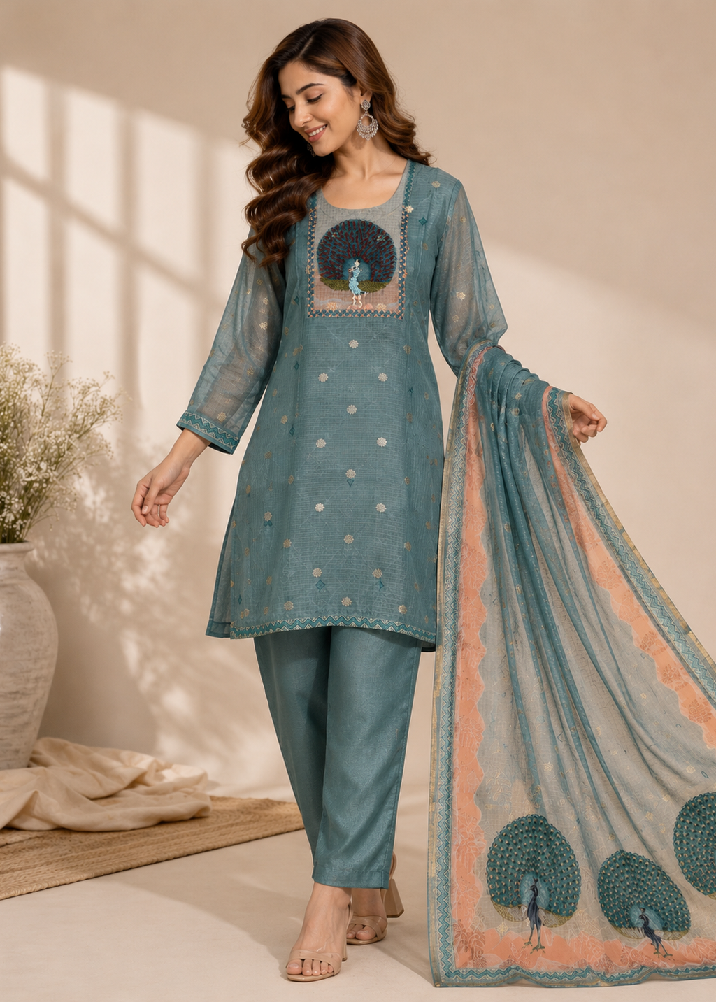 A woman models a three-piece salwar kameez set in dusty teal blue, featuring a long kurta with silver mirror work embroidery, matching trousers, and a sheer dupatta with peach border detailing and peacock motifs.