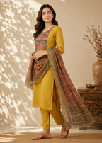 Mustard Heritage Vetican Digital Print Kurta Pant & Dupatta Set
