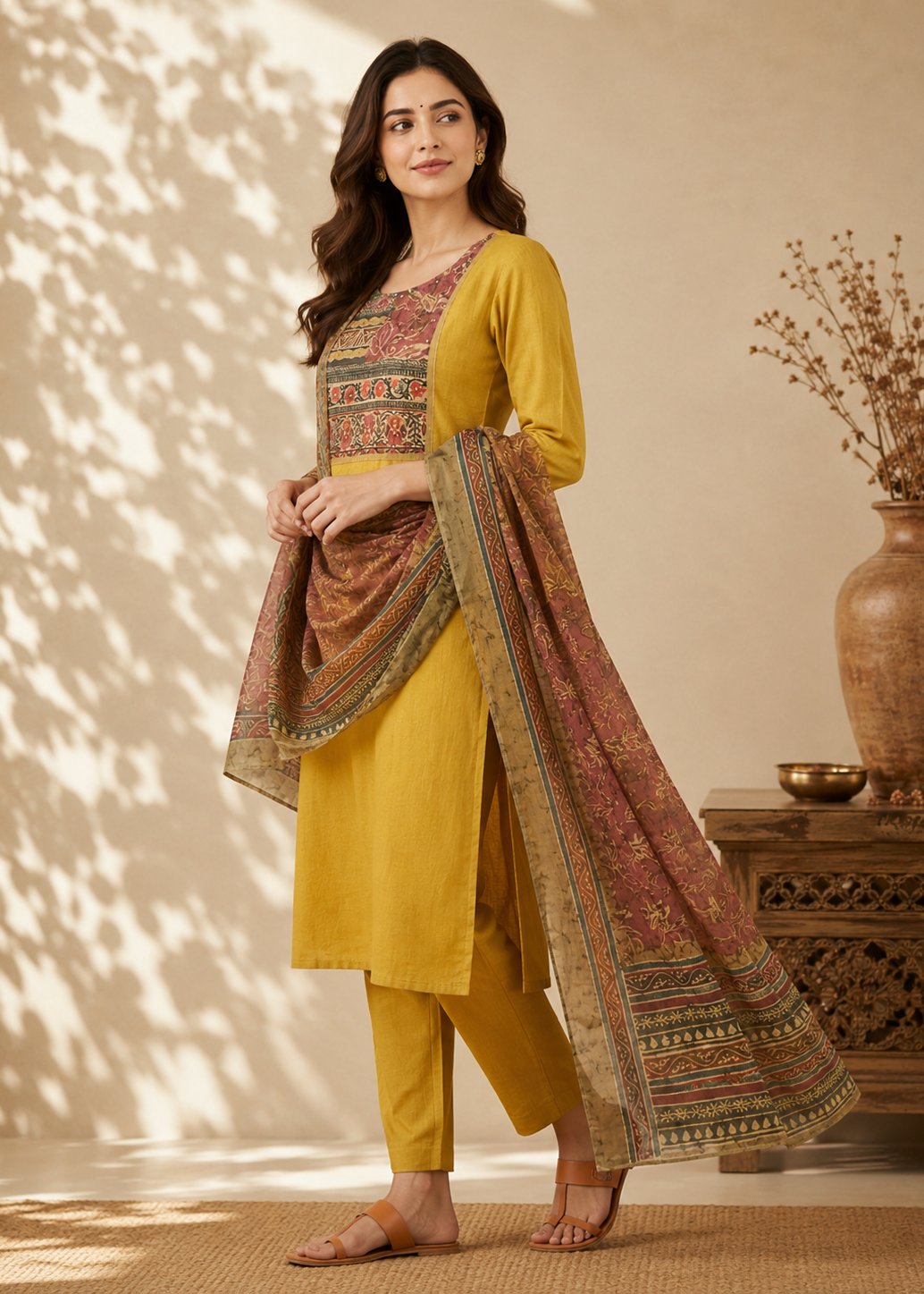 Mustard Heritage Vetican Digital Print Kurta Pant & Dupatta Set