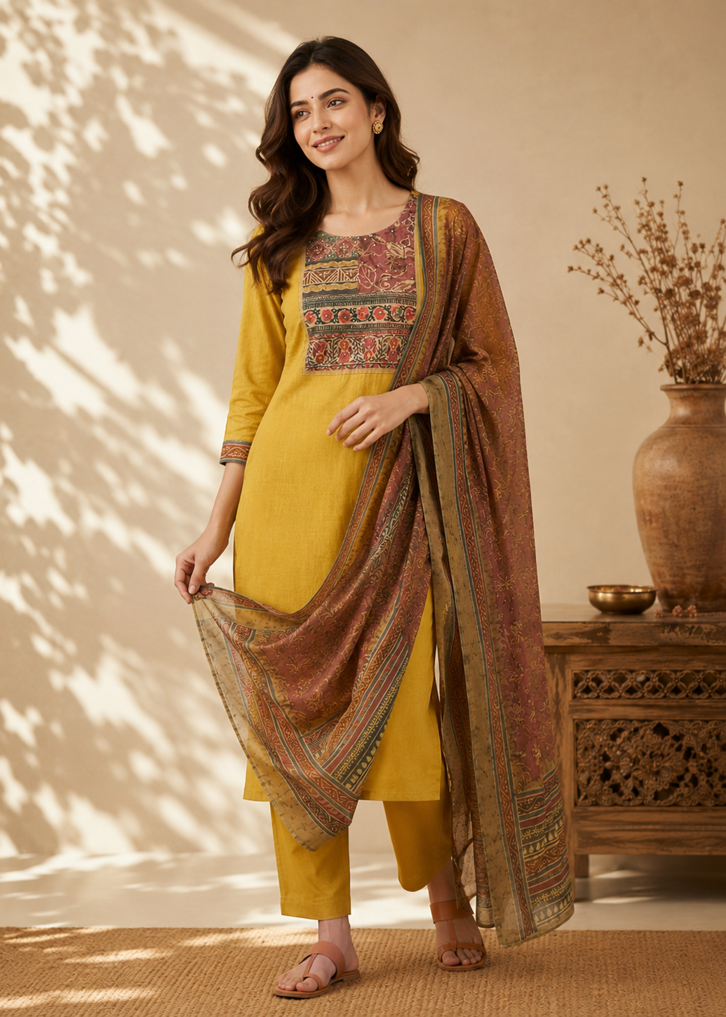 Mustard Heritage Vetican Digital Print Kurta Pant & Dupatta Set