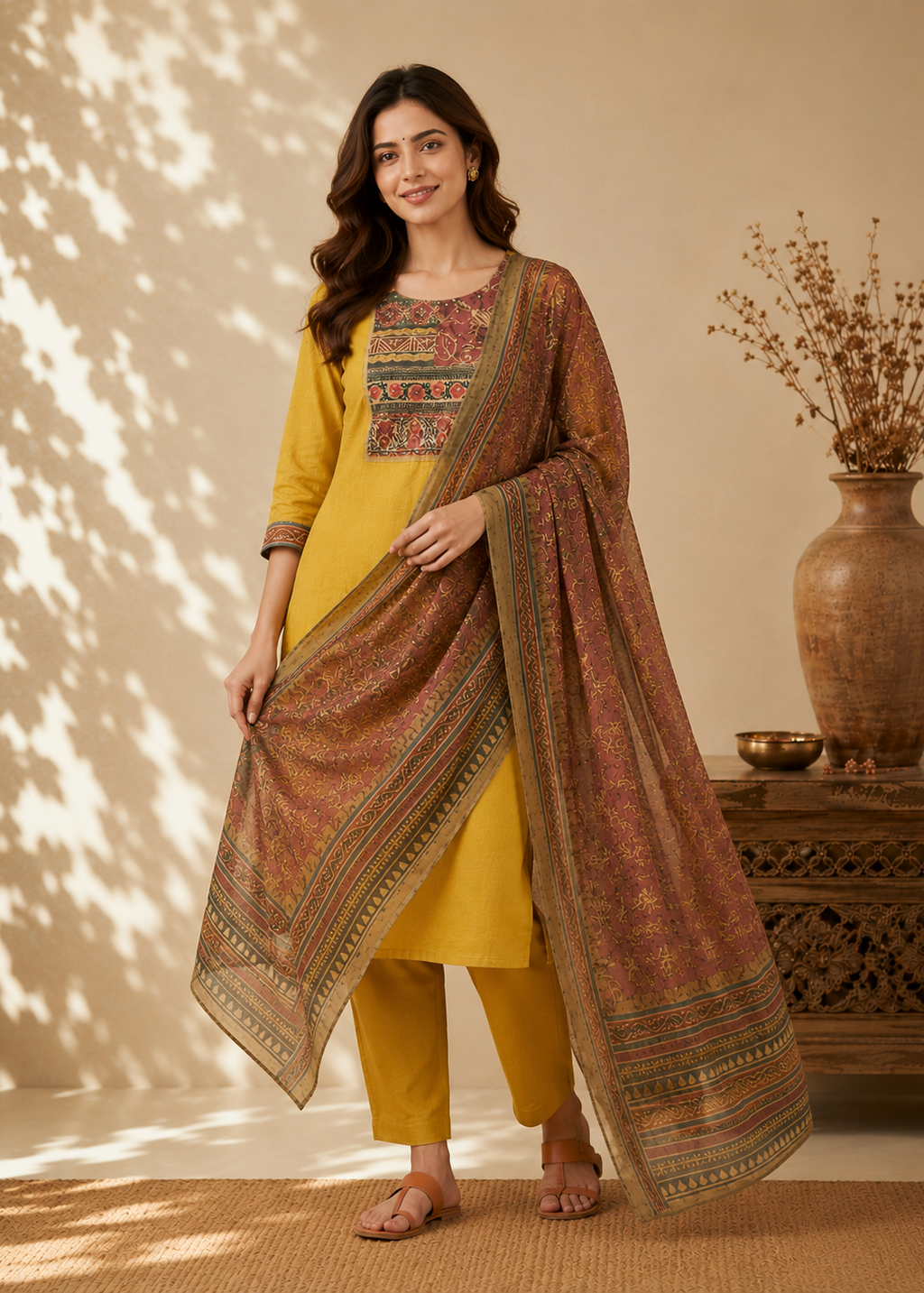 Mustard Heritage Vetican Digital Print Kurta Pant & Dupatta Set