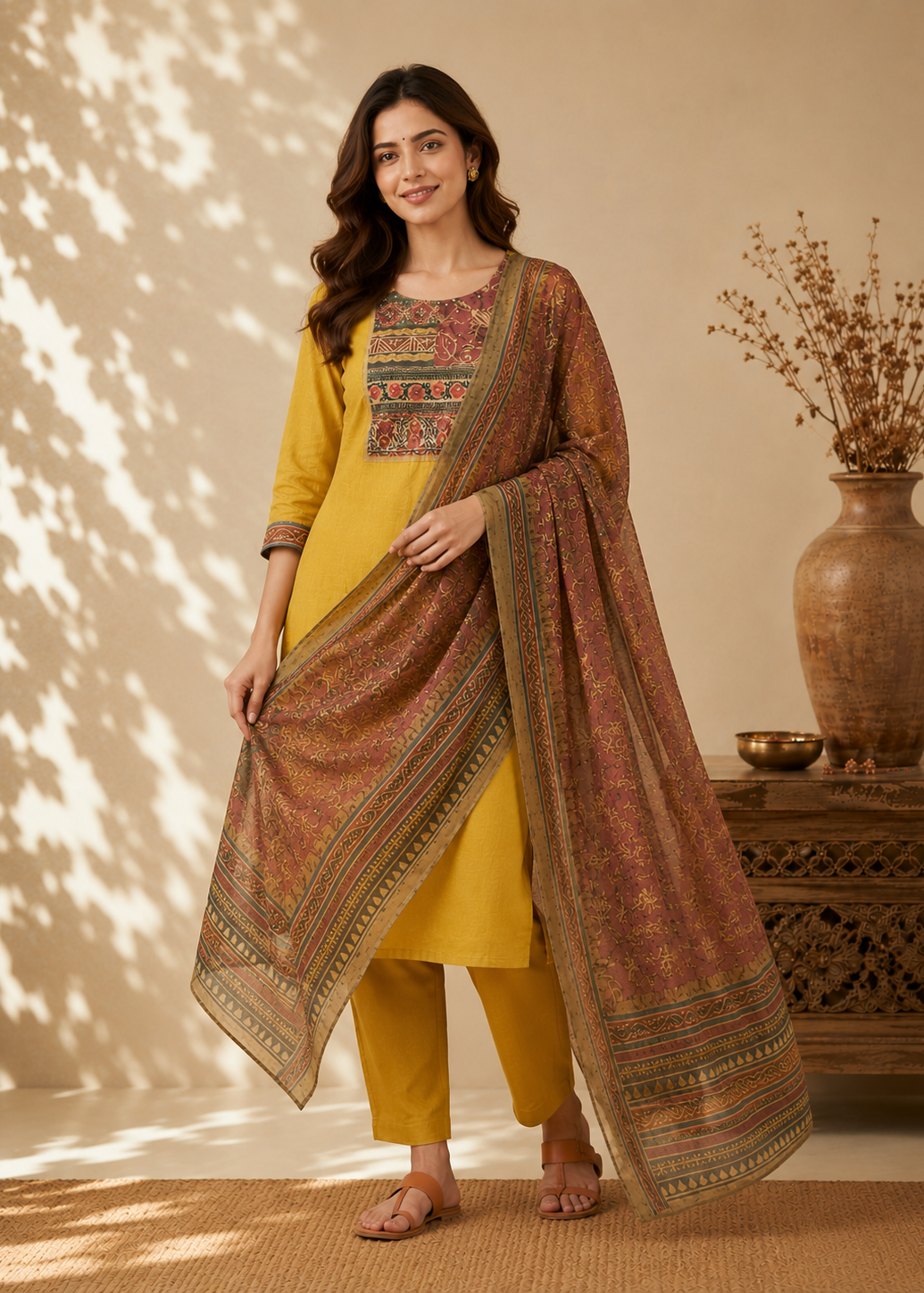 Mustard Heritage Vetican Digital Print Kurta Pant & Dupatta Set
