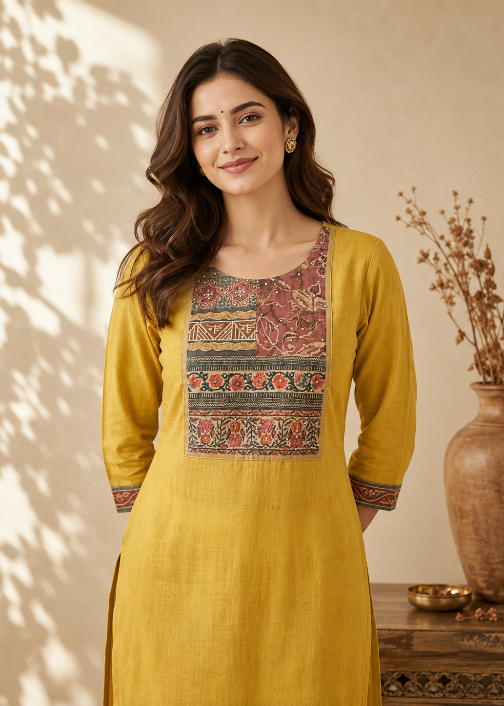Woman wearing a yellow kurta with floral embroidery in a warm-toned room.