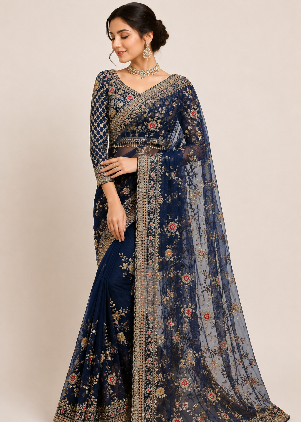 Midnight Bloom Embellished Net Saree with Designer Stitched Blouse
