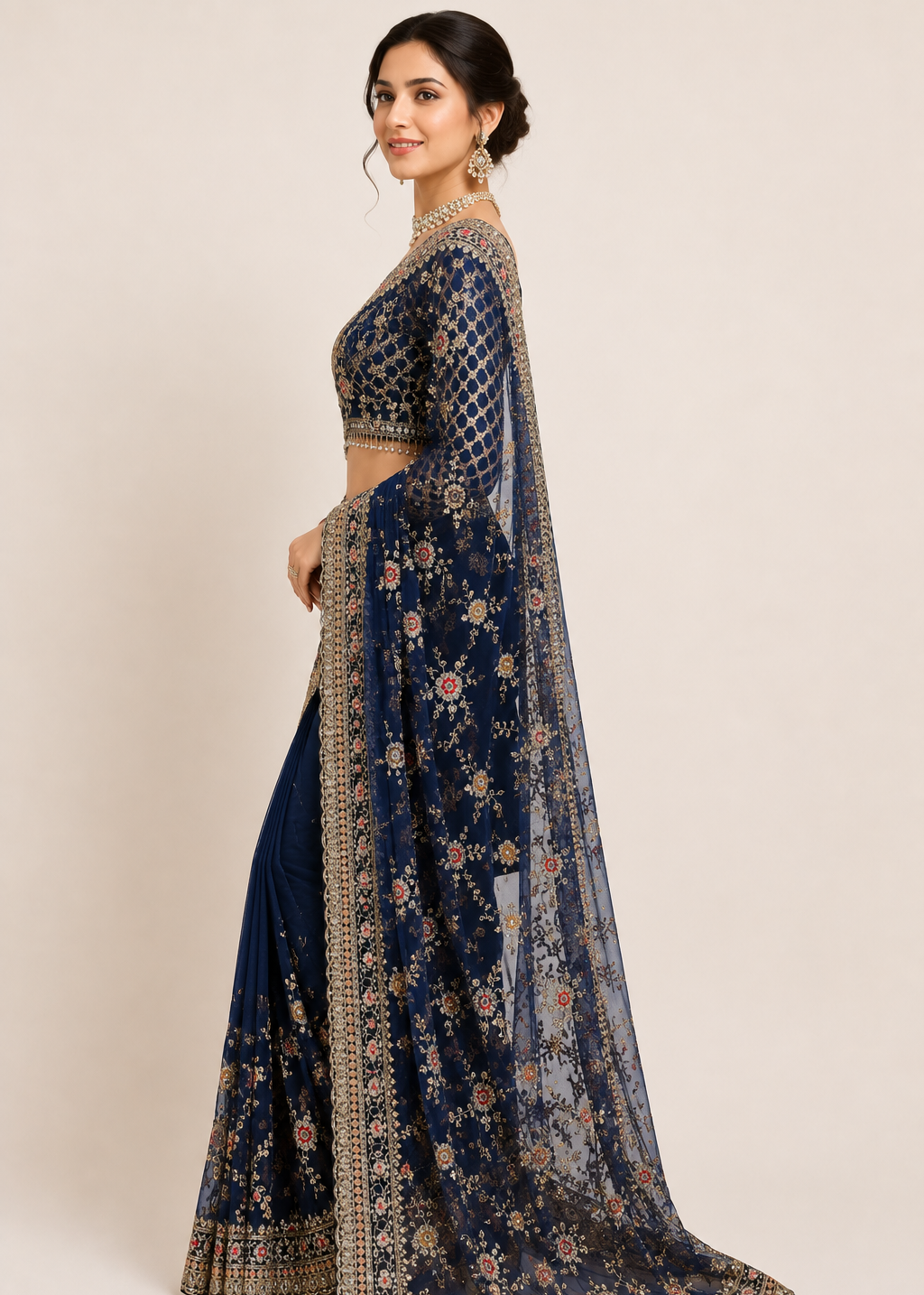 Midnight Bloom Embellished Net Saree with Designer Stitched Blouse