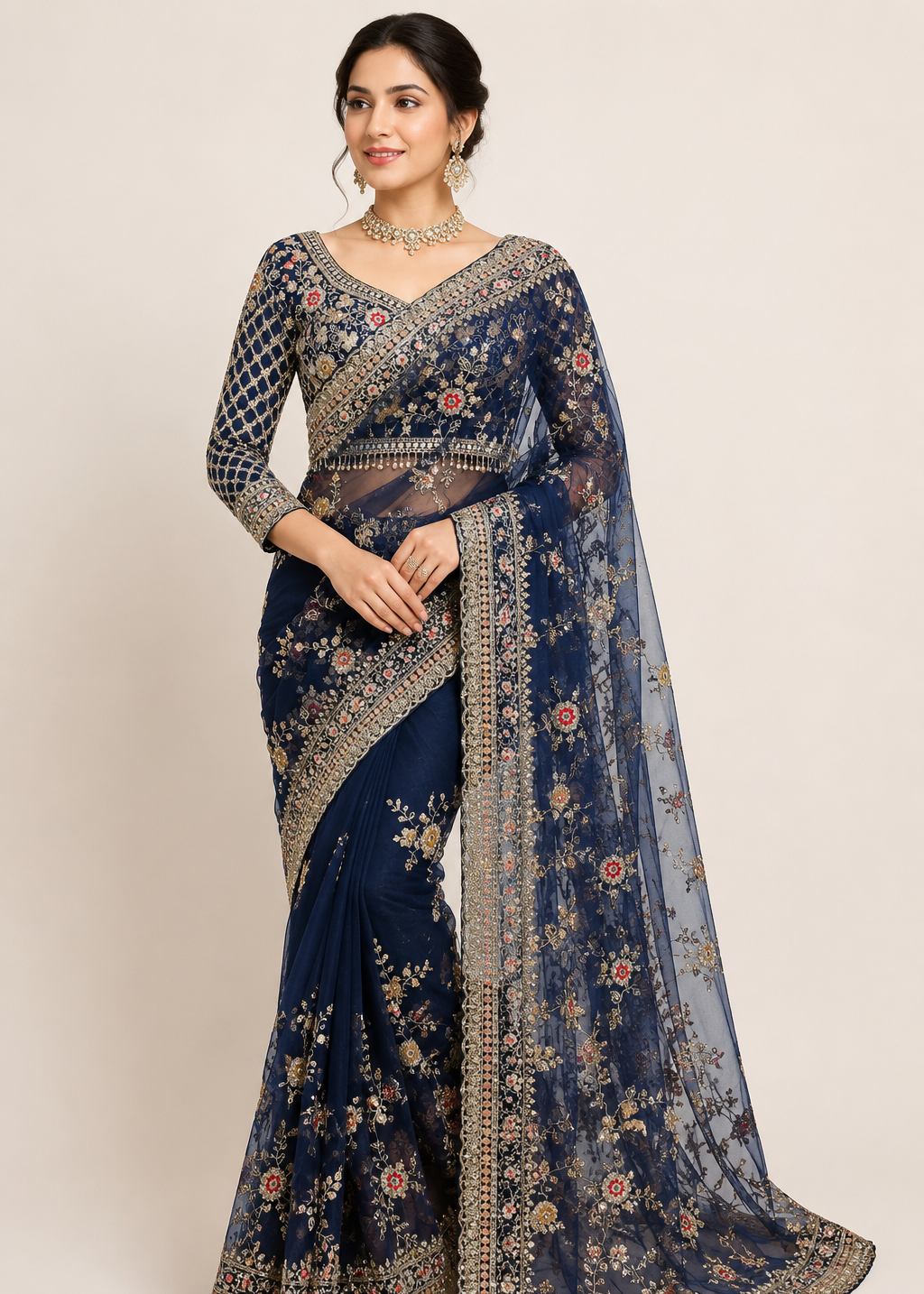 Midnight Bloom Embellished Net Saree with Designer Stitched Blouse
