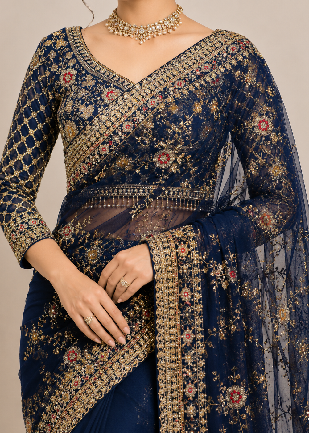 Midnight Bloom Embellished Net Saree with Designer Stitched Blouse