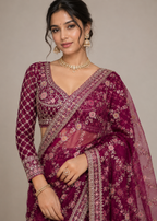 Rani Gulnaar Floral Embellished Net Saree with Designer Stitched Blouse