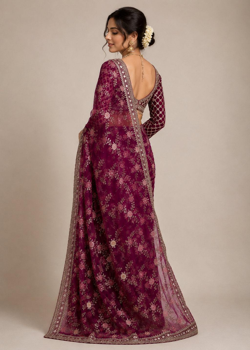 Rani Gulnaar Floral Embellished Net Saree with Designer Stitched Blouse