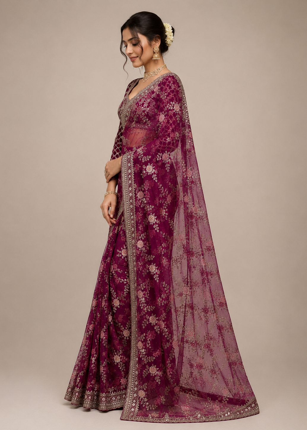 Rani Gulnaar Floral Embellished Net Saree with Designer Stitched Blouse