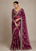 Rani Gulnaar Floral Embellished Net Saree with Designer Stitched Blouse