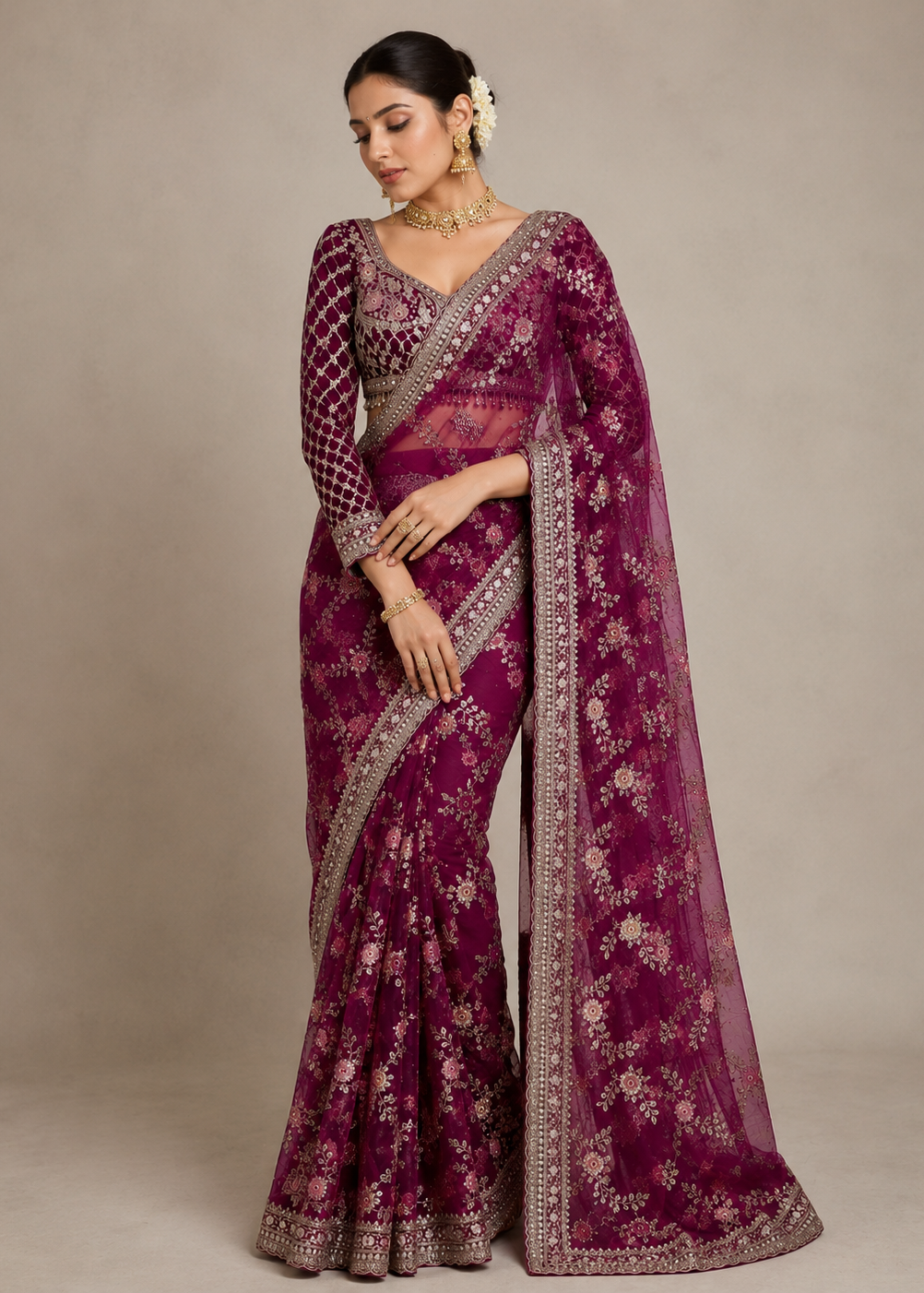 Rani Gulnaar Floral Embellished Net Saree with Designer Stitched Blouse