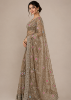 Champagne Blossom Embellished Net Saree with Designer Stitched Blouse