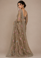 Woman wearing a brown embroidered saree with a plain background