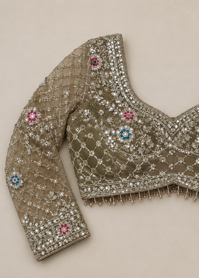 Champagne Blossom Embellished Net Saree with Designer Stitched Blouse