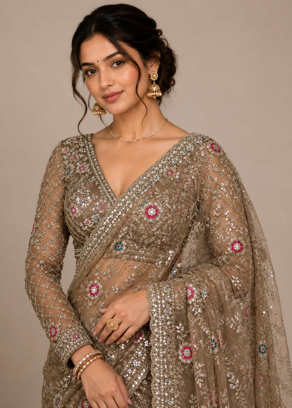 Champagne Blossom Embellished Net Saree with Designer Stitched Blouse