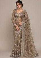 Champagne Blossom Embellished Net Saree with Designer Stitched Blouse
