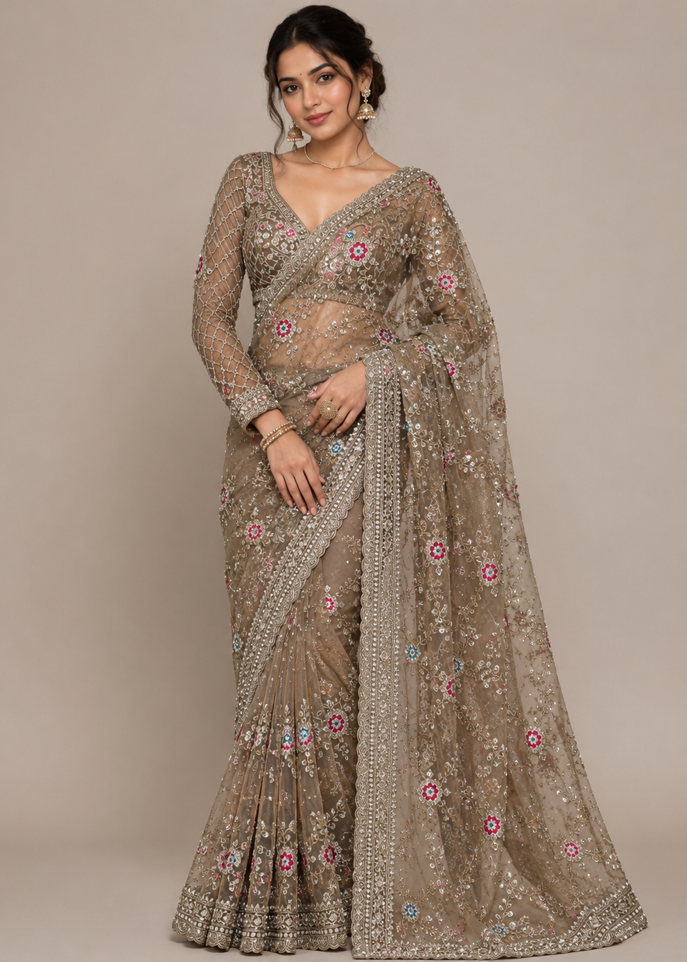 Champagne Blossom Embellished Net Saree with Designer Stitched Blouse