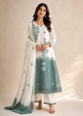 Ivory Teal Ombre Embroidered Kurta Set with Dupatta