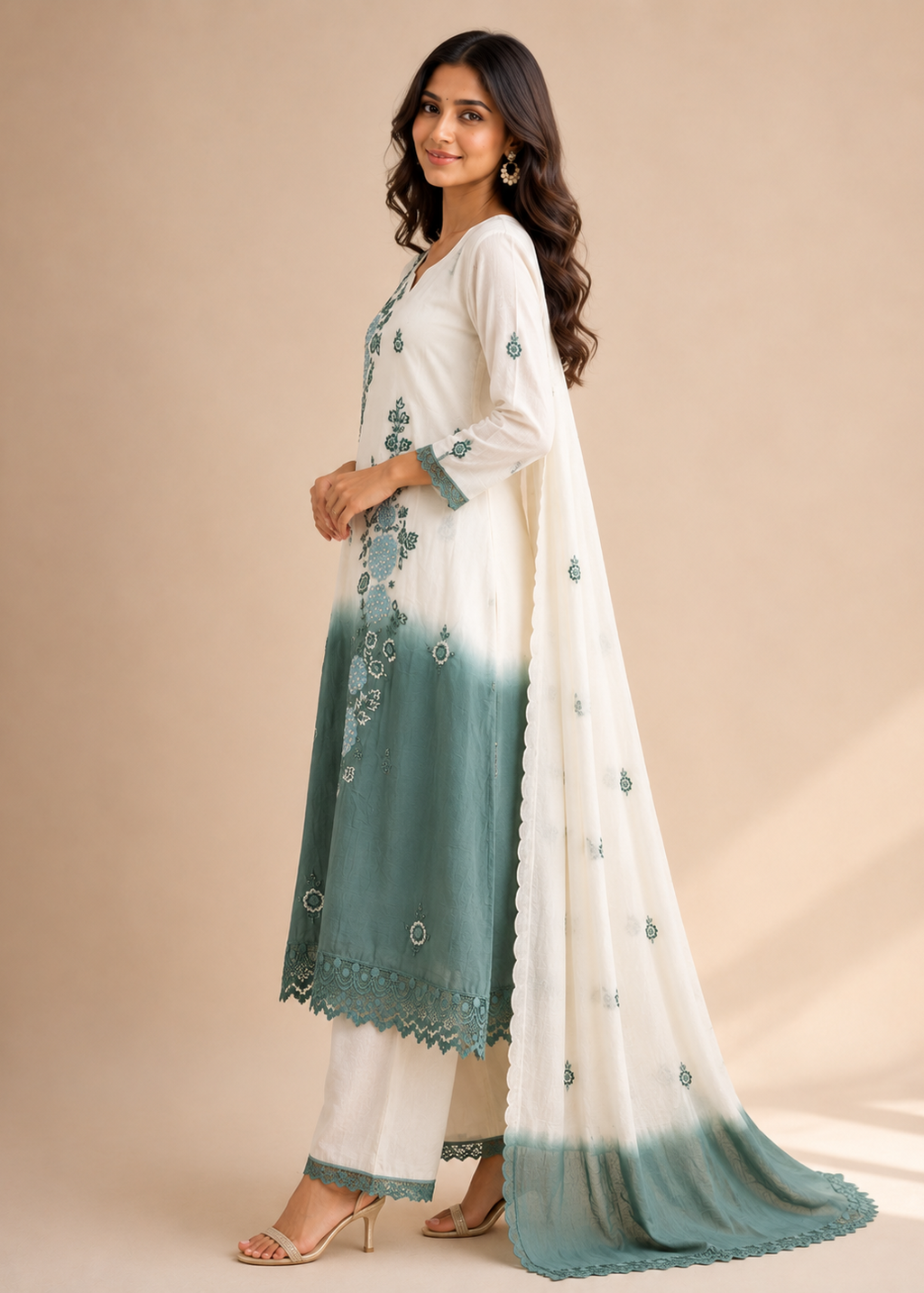 Ivory Teal Ombre Embroidered Kurta Set with Dupatta