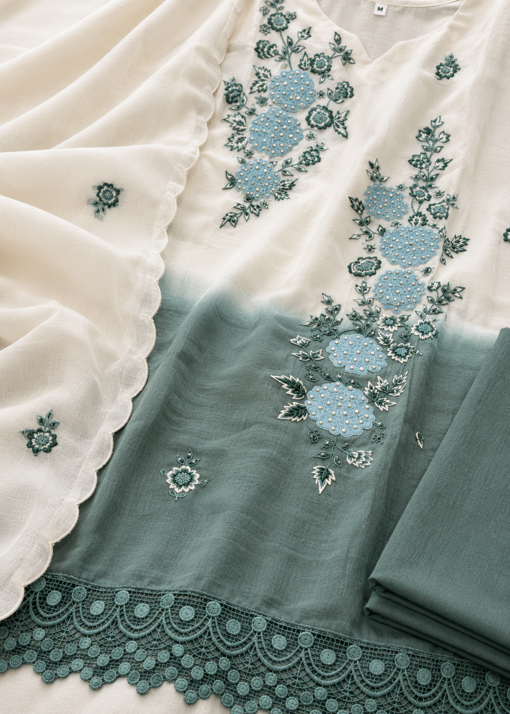 Ivory Teal Ombre Embroidered Kurta Set with Dupatta