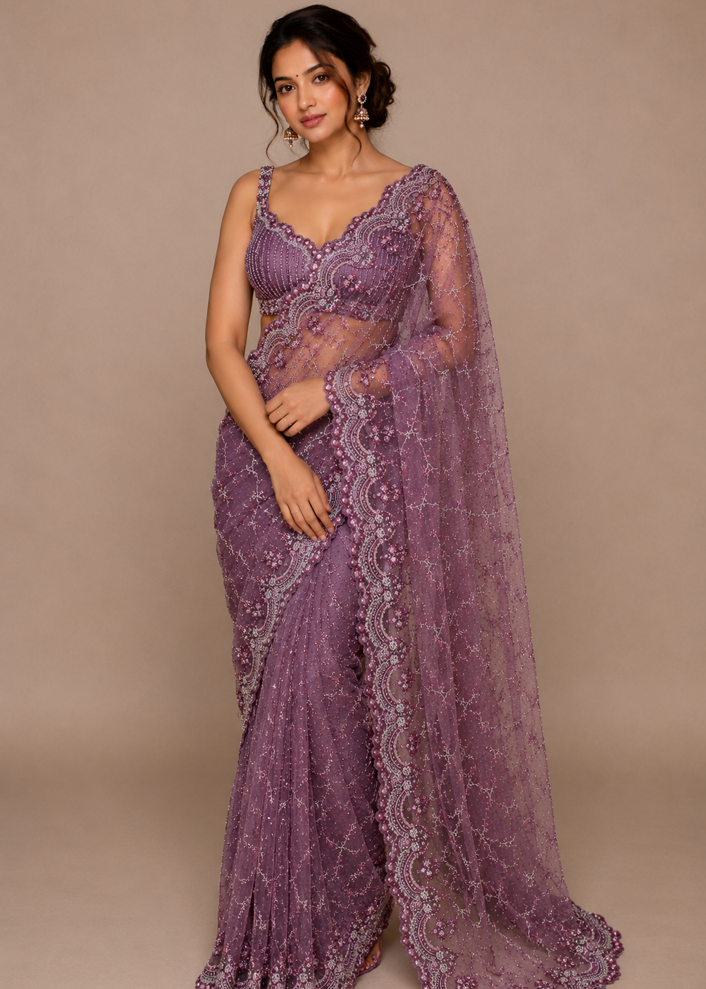 Lavender Luster Tone-on-Tone Sequins Handworked Soft Net Saree