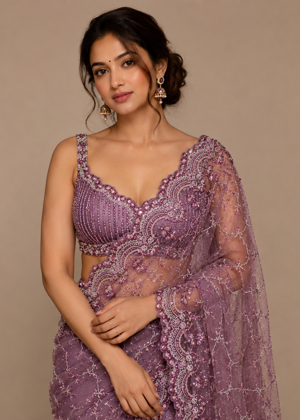 Lavender Luster Tone-on-Tone Sequins Handworked Soft Net Saree