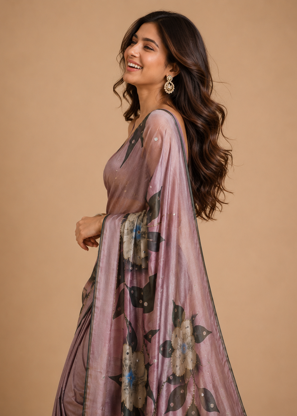 Mauve Bloom Digital Floral Printed Kasturi Silk Saree with Sequin & Zari Detailing