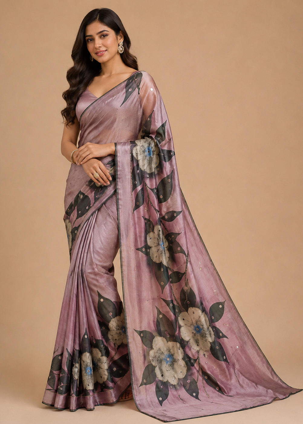 Mauve Bloom Digital Floral Printed Kasturi Silk Saree with Sequin & Zari Detailing