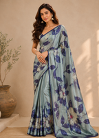 Ice Blue Floral Digital Printed Kasturi Silk Saree with Sequin & Zari Accents